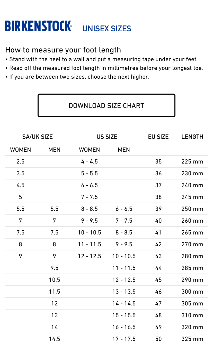 Birkenstock unisex size online chart